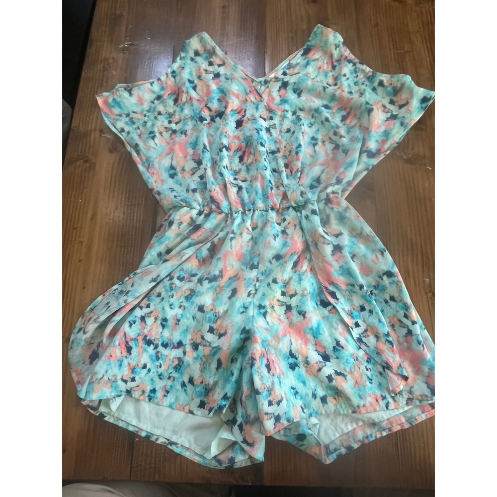 Decree Women Watercolor Abstract Print Surplice Romper Teal Peach Medium